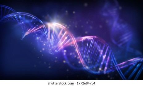 Luminous double helix strands of abstract DNA, 3D render.