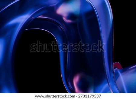 Luminous, fluid abstract forms in deep blue and purple hues twist and flow, revealing glossy