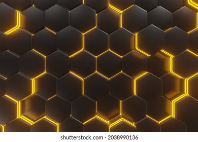 luminous hexagons, black and orange or yellow abstract background made of geometric shapes, color structure made of honeycombs, 3d rendering