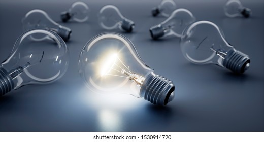 Luminous Lightbulb In Group Of Lightbulbs - 3D Illustration