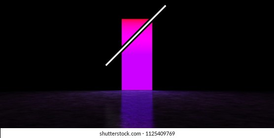 Luminous rectangle separated by a white stripe. Luminous purple screen. Glowing abstract geometric shapes. 3D Render