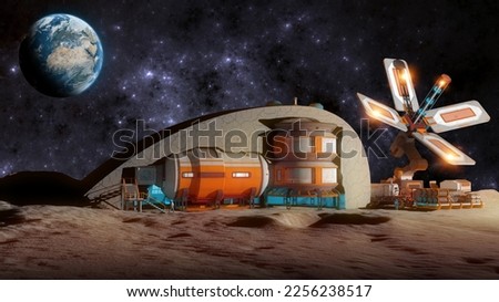 Lunar base, spatial outpost. First settlement on the moon. Space missions. Living modules for the conquest of space. 3d rendering. The earth seen from the moon
