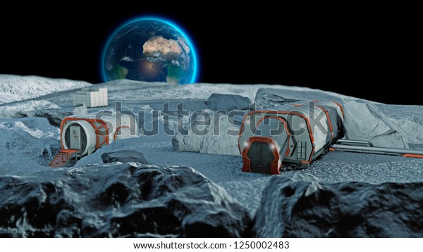 Lunar base, spatial outpost.\
First settlement on the moon. Space missions. Living modules for\
the conquest of space. 3d rendering. The earth seen from the\
moon