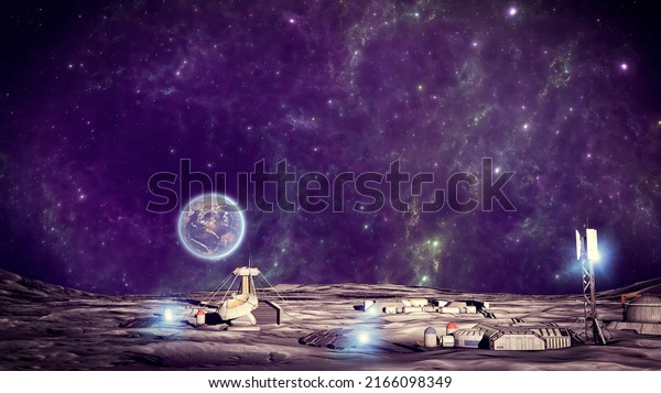 Lunar base, spatial\
outpost. First settlement on the moon. Space missions. Living\
modules for the conquest of space. 3d rendering. The earth seen\
from the moon\
