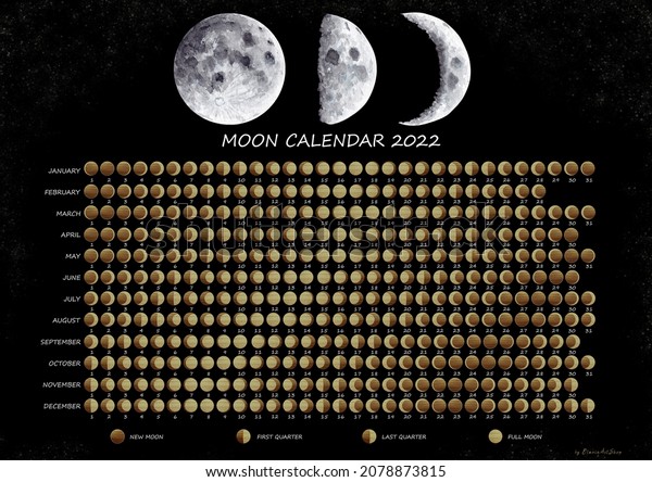 Lunar calendar 2022. Moon phases calendar for\
2022 with beautiful watercolor full moon and golden moons. For\
Northern\
hemisphere.