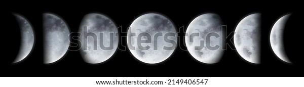 Lunar\
calendar, astrology observation for moon phases and eclipse. flat\
cartoon, celestial body, star planet set. Crescent and full,\
quarter and half. Surface with craters and\
shadows