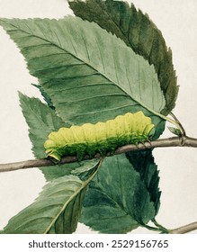 Lunar Caterpillar, study for book Concealing Coloration in the Animal Kingdom painting by Abbott Handerson Thayer. Vintage caterpillar art drawing, old illustration, plant and leaf art print.