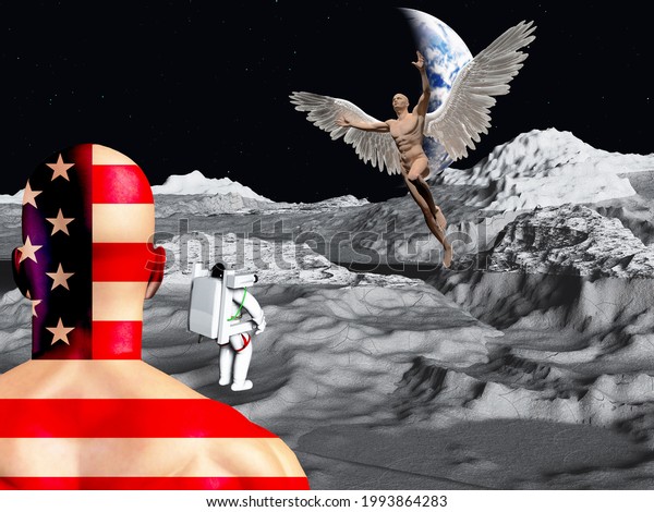 Lunar meeting with angel. Man in USA national\
colors. 3D\
rendering.