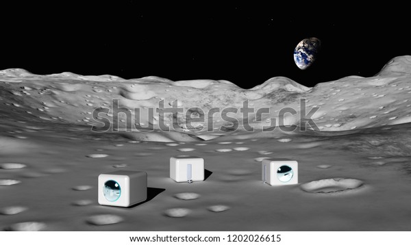The lunar surface, the lunar module on the\
lunar surface,\
3d\
rendering