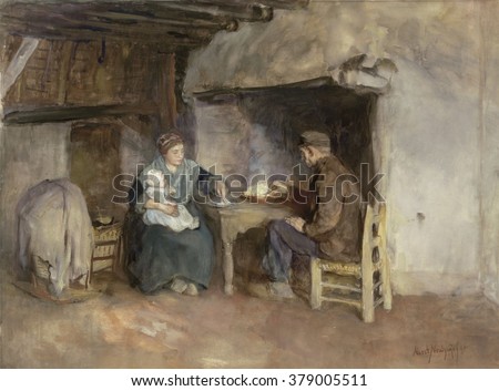 Lunch in a Farmer's Family, by Albert Neuhuys, 1895. Dutch watercolor painting. Wife, baby and father at midday meal of steaming potatoes.