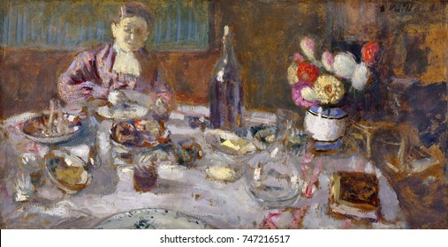 Luncheon, By Edouard Vuillard, 1901, French Post-Impressionist, Oil Painting On Cardboard. The Work Evidences Continuing Impressionist Influence, But With Lessened Realism Under Nabi Influence