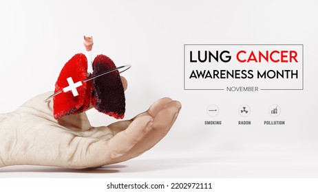 Lung Cancer Awareness Month (November). Hand Holding A Unhealthy Lung. Caused By Radon Gas, Air Pollution, Smoking. 3D Illustration Template Design