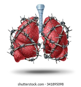 Lung Pain Medical Concept As A Pair Of Human Lungs Organ Wrapped With Dangerous Barbed Or Barb Wire As A Health Care Symbol Of Cardiovascular Problems As Cystic Fibrosis Or Chest Pain Metaphor.