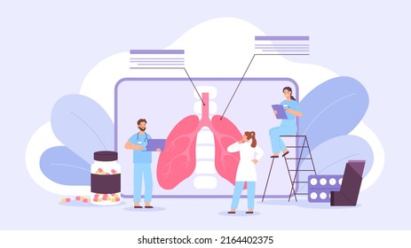 Lungs Disease Treatment Concept With Doctors Check Diagnosis. Asthma, Tuberculosis, Respiratory Pneumonia Or Coronavirus Medic  Poster. Ilustration Of Lung Illness, Sickness Respiratory