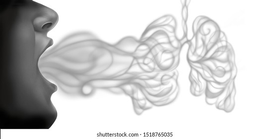 Lungs And Vaping Or Vape And Lung Disease Health Risk As A Person Exhaling Steam Smoke Or Vapor Shaped As Human Lungs From An Electronic Cigarette On A White Background In A 3D Illustration Style.