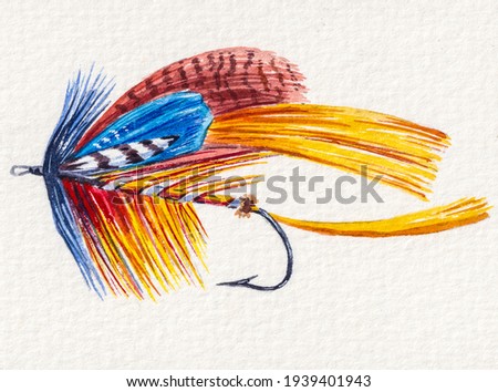 Lure for fly fishing. Fake Insect or bait with sharp hook. Colored feathers birds for trout fishing. Watercolor painting. Acrylic drawing art.