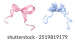 Lush bow with satin ribbons. Watercolor digital illustration. Set of bows and ribbons twisted into curls, isolated on background. Cute pink and blue silk bows for festive compositions and birthdays