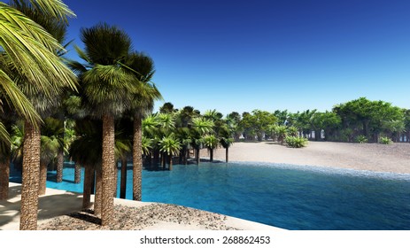 Lush Oasis Landscape On Desert, With Date Palms And A Blue River