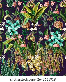 Lush seamless pattern featuring a rich tapestry of tropical leaves, diverse exotic blooms, and intricate botanical details on a deep, dark background, ideal for dramatic textiles and nature-inspired.