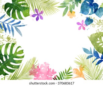 Lush Watercolor Tropical Frame With Flowers And Leaves