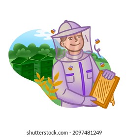 lustration of a farmer engaged in beekeeping. He is depicted in special equipment, against the background of his hives. Bees fly around the worker, and he holds a honeycomb in his hands.
