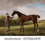 Lustre, held by a Groom by George Stubbs. Vintage landscape illustration. Vintage nature scenery art drawing illustration, old nature landscape painting art print. A person with a horse.