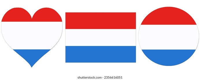 Luxembourg Official flag are in Heart Rectangular and Round shape, flag isolated on white background, Luxembourg National Flag.