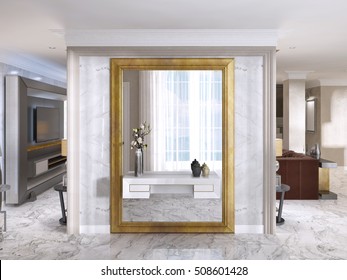 Luxurious Art-Deco Entrance Hall With A Large Designer Mirror In Gold Frame And Built-in Console Decor. 3D Render.