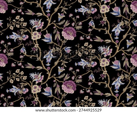 A luxurious botanical pattern on a black backdrop featuring winding branches adorned with purple peonies and stylized blue lilies. Earthy tan stems and violet accents create a moody, high-end feel.