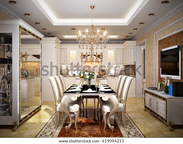 Luxurious Classic Baroque Kitchen Dining Room Stock Illustration 619094213