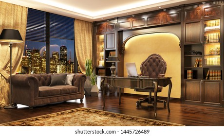 Luxurious Classic Boss Office Interior With Window And Sofa. 3d Rendering