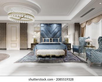 Luxurious Designer Bed With Lacquered Bedside Tables And Golden Lamps And A Soft Ottoman For The Bed And With Armchairs And A Table With A Bouquet. 3d Rendering.