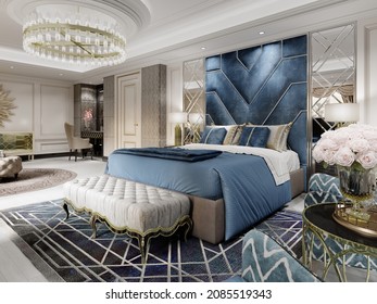 Luxurious Designer Bed With Lacquered Bedside Tables And Golden Lamps And A Soft Ottoman For The Bed And With Armchairs And A Table With A Bouquet. 3d Rendering.