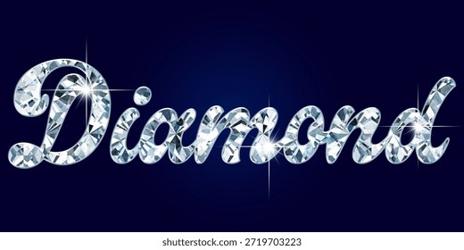 Luxurious diamond script text typography crafted to look like crystal gems shines against a deep blue background. Ideal for luxury branding, jewelry, fashion, and premium product visuals seeking glamour and elegance.