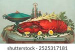 Luxurious dinner feast consisting of lobster, hard boiled eggs, and vegetables by L. Prang  Co., (c.1877). Vintage Luxurious dinner art drawing illustration, old Luxurious dinner painting art print.