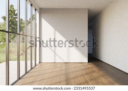 luxurious empty loft apartment window and minimalistic interior living room design; 3D Illustration
