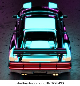 Luxurious Futuristic Sports Car In Neon Studio Light. Aerial Rear View. 3D Rendering.