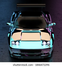 Luxurious Futuristic Sports Car In Neon Studio Light. Aerial Front View. 3D Rendering.