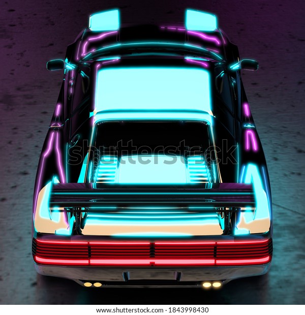 Luxurious Futuristic Sports Car in Neon Studio
Light. Aerial Rear View. 3D
Rendering.