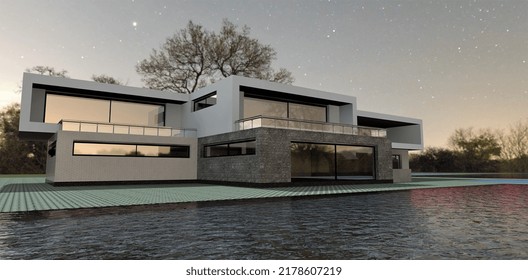 Luxurious High-tech House On The Shores Of Lake Superior In The USA. A Wonderful Starry Evening. 3d Render.