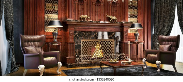 Luxurious Interior Fireplace Area In An Expensive Mansion. 3d Rendering