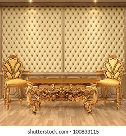 Luxurious Interior With Leather Walls And Classical Furniture Of Gold.