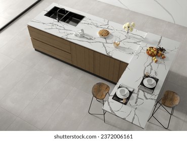 A luxurious kitchen interior with a white marble countertop, a beige marble floor, wooden shelves, a few utensils on the countertop, and a delicious apple pie. 3D Rendering
