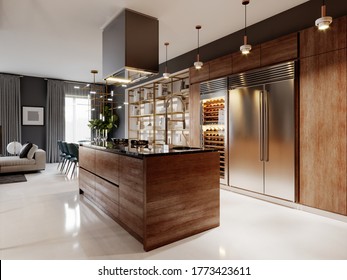 Luxuriöse Küche modern Stil mit zeitgenössischen Möbeln aus Holz und Insel mit Kapuze. Burgund-graue Wände, schwarze Granitauflagen. Studio-Wohnung. 3D-Darstellung.