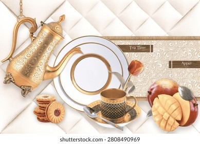 A luxurious kitchen wall tile design featuring an elegant tea-time arrangement with a decorative golden Arabic coffee pot, fine porcelain plates with gold rims, a black and gold teacup on a matching saucer, silver spoons, a single orange tulip, assorted butter cookies, and fresh red apples with sliced fruit. The background showcases a soft white quilted geometric pattern paired with a subtle ornamental floral panel, creating a sophisticated blend of classic and modern aesthetics in warm gold, cream, and beige tones.