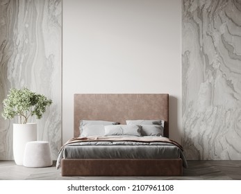 Luxurious large bedroom with marble slabs and a bed in the center. Delicate beige colors - ivory, milk, brown, taupe. Blank wall design room. 3d render