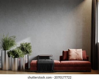 Luxurious large living room with a red burgundy sofa and a table. Dark textiles, metal elements in chrome pots and lots of greenery. Empty gray wall made of microcement or concrete. 3d rendering