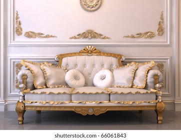 Luxurious Leather Sofa With Pillows In Royal Interior