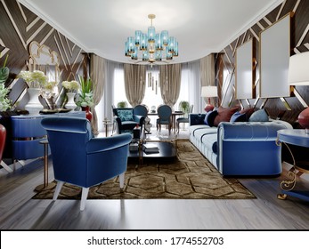 Luxurious Luxury Living Room With Wood Paneling On The Walls With Gold Accents, Blue Furniture, Brown Walls. 3D Rendering