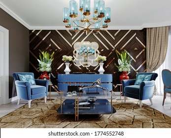 Luxurious Luxury Living Room With Wood Paneling On The Walls With Gold Accents, Blue Furniture, Brown Walls. 3D Rendering